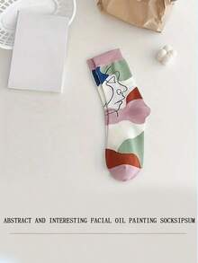 5 Pairs Of 5-Color Women's Fashionable Oil Painting Pattern Tube Socks, Breathable Cotton Casual Socks For Spring And Autumn, Moisture Wicking, Soft Abstract Illustration Socks, Facial Oil Painting Socks  Funny Dream    Spring/Fall - 彩色 - 查看 4