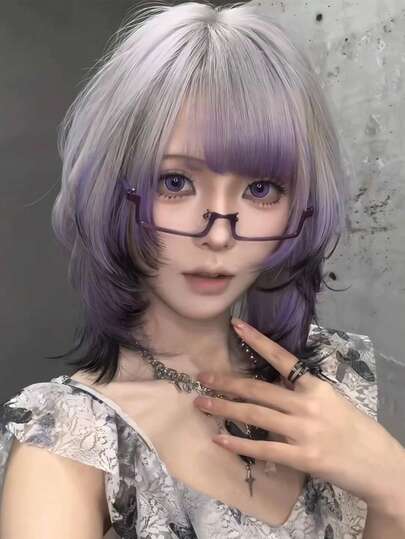 中长款层次感合成假发，银灰白紫棕黑渐变色，自然层次感假发，女士彩色角色扮演派对假发，公主刘海，白色假发，高温丝长直洛丽塔酒红色带刘海假发，可爱角色扮演派对万圣节原宿风假发