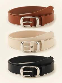 3pcs Set Square Buckle Women's Belt, Classic Fashion Simple Casual Suitable For Dresses, Jeans, Daily Office Commute, 2.8CM Wide PU Leather Belt - Multicolor White K Button - View 15
