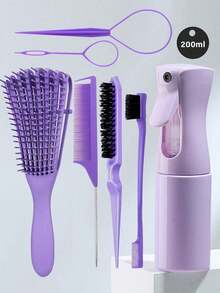 7PCS Hair Brush Comb Set, 200ml Spray Bottle,Hair Braiding Loop,Teasing Hair Brushes Rat Tail Combs Edge For Women,Long Rat Tail Comb Bone Tip Sharp End Braid Divider Parting Hair Dye Comb Brush,Detangling Brush For Curly Hair, Black Hair Detangler, Afro Textured 3a To 4c Wavy, For Wet/Dry/Long Thick Curly Hair, Exfoliating Your Scalp For Beautiful And Shiny Curls(Black,Pink,Plupre)