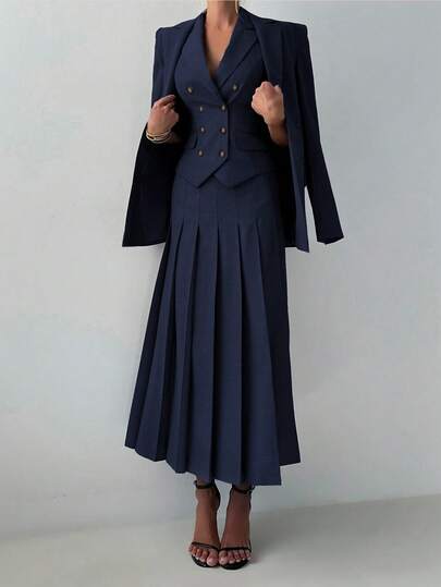 3pcs Women Elegant Work Casual Business Suit Set: Blazer Jacket For Autumn/Winter, Fitted Vest For Spring/Summer, And Pleated Midi Skirt, Suitable For Office Lady, Formal Dresses, Commuter