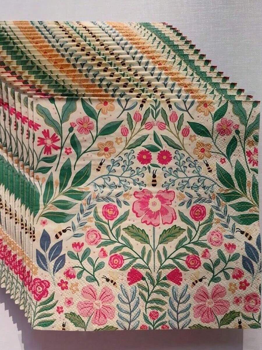 20 pièces/paquet Serviettes imprimées vintage avec motifs de feuilles, fleurs et abeilles, double épaisseur, convient pour les décorations de fête d'anniversaire, de thé de l'après-midi. Serviettes en papier, essuie-tout et papier hygiénique, fournitures festives et de fête. Produits d'entretien ménager et de soins personnels, articles ménagers et de première nécessité.