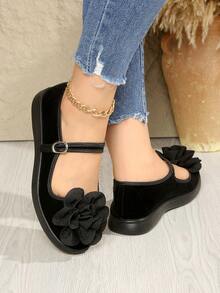 1 双女士休闲玛丽珍平底鞋，圆头设计，轻质纯色天鹅绒鞋面，四季舒适 - 黑色 - 查看 5