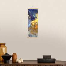 1 pièce Affiches d'art mural avec option de rouleau en bois. Peinture abstraite moderne bleu et or nuage imprimé sur canevas. Style décoratif artistique, thème élégant pour mur. Œuvre d'art à l'encre, convient pour salon, chambre, salle à manger. Impression verticale d'intérieur, imperméable et sans odeur.