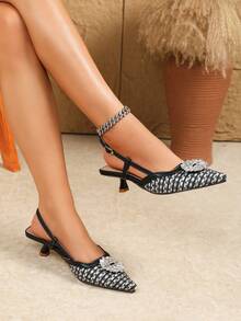 Elegantes tacones altos de mujer con hebilla de cristal de colores negro y blanco, tacones de gatito con puntera puntiaguda, ideales para el Día de San Valentín, Halloween, temporada de graduación, citas, compras, ir al trabajo, fiestas