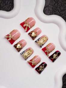 Spring & Summer Duck Mouth Shaped Handmade Y2K Fashion Press-On Nails, Available In, Red, Brown Colors With French Tips, Leopard Print,, Heart Decorations, 10 Pieces/Set With 3 Size Options, Suitable Party, Wedding And Daily Wear, Includes Kit, Great Women & Girls Nail Supplies Nails - Nhiều màu - Xem 4