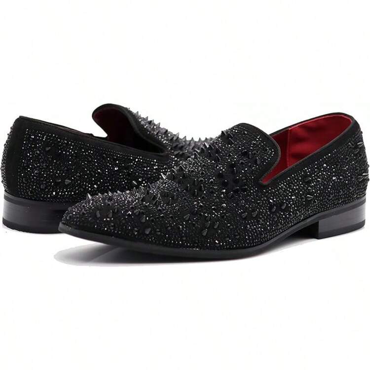 Men Fashion Rhinestones Studs Slip On Loafer Dress Shoes WBG-20256688 - 黑色(02) - 查看 1
