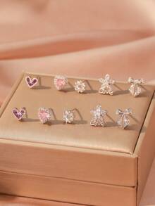 10pcs Classic Minimalist Colorful Cubic Zirconia Plated Silver Women Jewelry Set, Heart, Flower, 5-Petal Flower, Bow Stud Earrings, Casual Daily Wear Gift