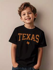 ' Texas State Map & Longhorn Horns Graphic Cotton T-Shirt - Distressed Vintage Style, Comfortable Round Neck Short Sleeve Casual Tee For Everyday & Texan-Themed Outfits (Spring/Fall/Summer) - Ideal For Kids & Youth, Easy Care Hand Wash, Texas Pride Apparel With Geometric Pattern & Distressed Lettering, Relaxed Fit For, Perfect For Spring/Summer/Fall Wear, Hand Wash Only Care - Black - View 1