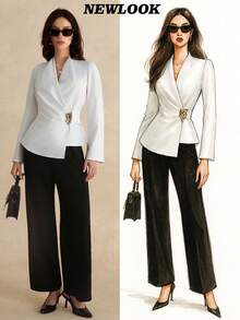 Women Elegant Commuter Solid Color Cross Neckline Metal Detail Long Sleeve Shirt