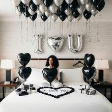 Black Valentine's Day Decorations Set, Including Black Valentine's Day Banner, Black Rose Petals, Black Latex Balloons, Silver Heart Foil Balloons, Suitable For Birthday Party Decor, Anniversary, Wedding, Home Decor, Photo Props