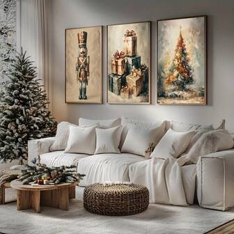 Juego de 3 impresiones artísticas en lienzo de Cascanueces y árbol de Navidad vintage - Decoración rústica de granja para sala de estar, dormitorio, dormitorio - Carteles navideños sin marco