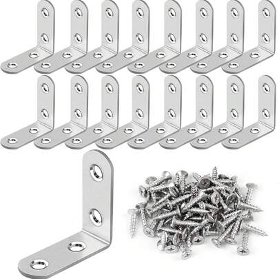 200/150/80pcs Stainless Steel L-Shaped Corner Brace Set, 40/30/16PCS 1.57" Right Angle Metal Brackets With 160/120/64 Silver Screws For Wooden Shelves, Chairs, Tables, Vanities, Cabinets, Furniture Repair