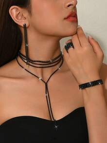 1piece Luxurious And Elegant Style, Black/White Multi-Layered Tassel Necklace Sparkles Rhinestone Brides, Delicate Temperament Accessories For Banquets And Weddings, Creative Gifts