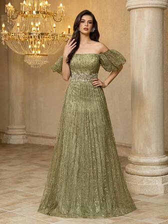  [Estampado aleatorio] Vestido de noche de manga corta y hombros descubiertos, con aplicaciones y plisados, de corte ceñido para mujer UNITHORSE