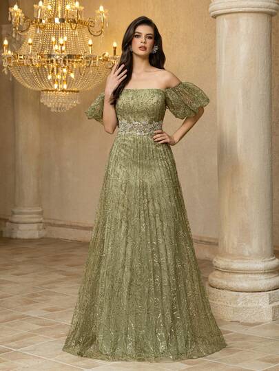 UNITHORSE [Estampado aleatorio] Vestido de noche de manga corta y hombros descubiertos, con aplicaciones y plisados, de corte ceñido para mujer UNITHORSE