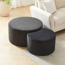 Coffee Table Set, 2-Piece Cushioned Round Coffee Tables, Set Of 2 For Living Room, Modern Round Foam Coffee Table, Side Table, Ottoman, No Assembly Required - Black + Fabric - View 3