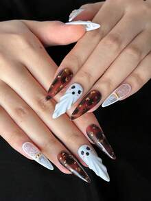 MXYIYANR 10片万圣节手工按压式美甲贴纸，杏仁形，白色镂空花卉图案，手绘琥珀色图案，3D白色幽灵设计万圣节假指甲，适合万圣节派对美甲装饰 - 白色 - 查看 6