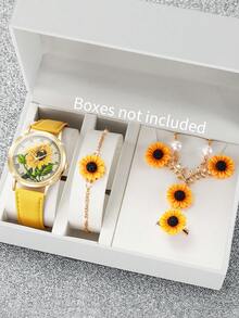 6件套女士礼品套装，雏菊表盘优雅石英表+雏菊饰品，不含表盒 - 黃色 - 查看 1
