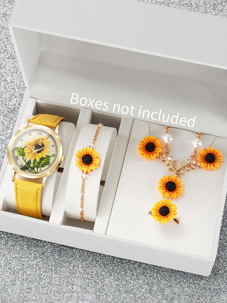 6件套女士礼品套装，雏菊表盘优雅石英表+雏菊饰品，不含表盒 - 黃色 - 查看 1