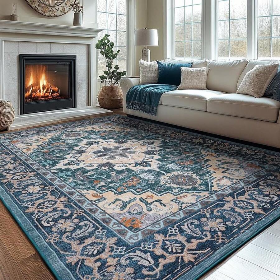 Washable Area Rug 5x7 - Soft Faux-Wool Area Rug Living Room Bedroom, Boho Vintage Floral Medallion Non-Slip Low Pile, Pet Friendly, Blue White - 深綠色 - 查看 1