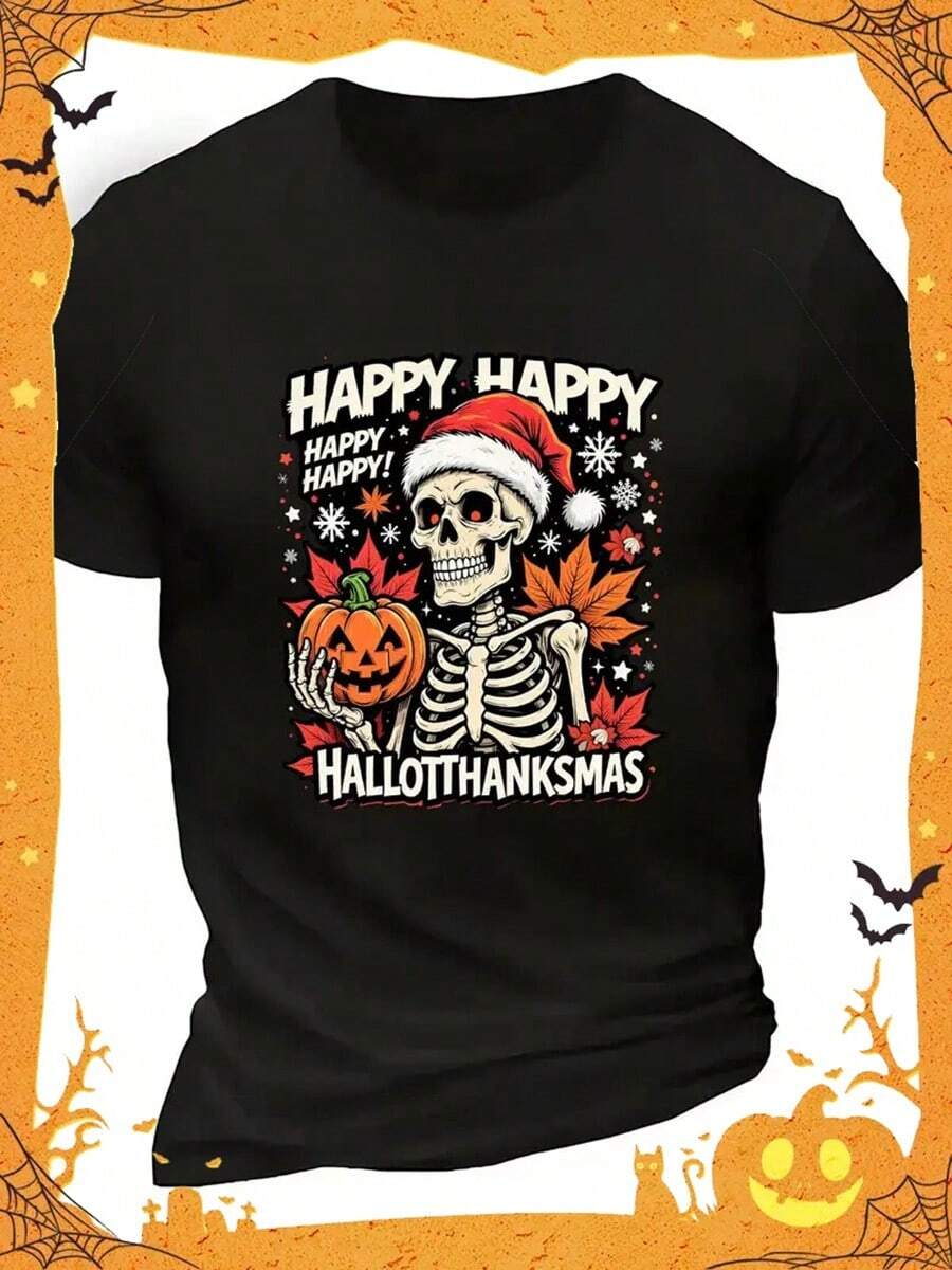 Men's Funny Happy HallotThanksmas Skeleton T-Shirt - 100% Cotton Black Crew Neck Short Sleeve Tee With Spooky Santa Hat & Pumpkin Graphic, Happy Hallowthanksmas & Happy Hallowthanksmas Lettering,Nightmare Before Christmas,Christmas,Halloween Costumes,Funny T Shirts,Summer Outfits,Thanksgiving Day,Men Graphic Tees,Streetwear Men - 黑色 - 查看 1