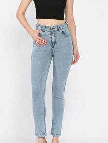 High Waist Women's Jeans, Contrast Button Zipper Pockets, Casual - Blue - View 1