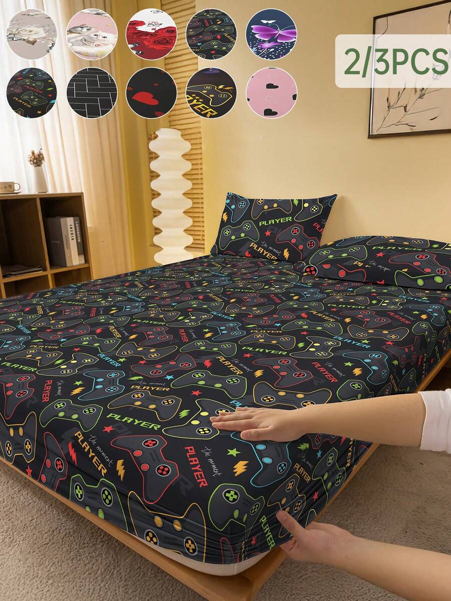 2/3 Pcs Printed Fitted Sheet Set, Bedding, Bed Sheet Set, Soft And Comfortable Bedding, Room Decor, Mother's Day Decor, Skin-Friendly Bed Cover Set For All Season, Domitory Bedding Set, Mattress Protector For Bedroom, Mother's Day Gift, Fits For Twin Full King Queen Size Bed, 1 Fitted Sheet And 2 Pillowcases, Back School Bedding, Machine Washable - 彩色 - 查看 1