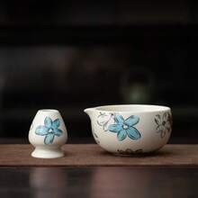 2pcs/Set Cherry Blossom Pink & Matcha Green Ceramic Tea Bowl, Whisk, Holder Set