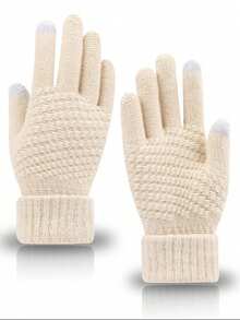 4 双女士冬季触屏手套，透气羊毛衬里针织手套，带弹性袖口，温暖方便，适合秋季发短信 - 彩色 - 查看 3