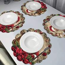 6pcs/4pcs/1pc Christmas Party Decoration Round Placemats, Santa Claus And Reindeer Pattern Design - 15 Inches In Diameter, Linen Material, Non-Slip, Heat-Resistant, Machine Washable, Holiday Party Decoration Round Placemats, Party Kitchen Restaurant Decorations, Suitable For Christmas Table Decoration, Party, Christmas Decoration, Christmas Decorations For Home - Red - View 2
