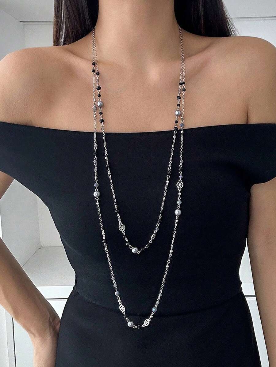 1 Bộ 2 Dây chuyền nhiều lớp ngọc trai giả sang trọng, Dây chuyền áo len tua rua Gothic cổ điển, Dây chuyền mặt dây chuyền hoa rỗng thiết kế tinh xảo, Thích hợp cho Halloween, Hàng ngày, Kỳ nghỉ, Trang phục dự tiệc dành cho nữ - màu đen - Xem 1