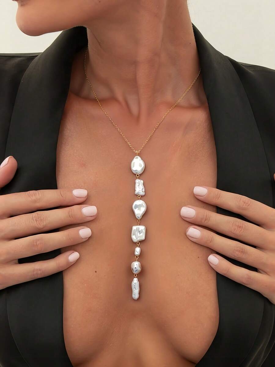 1pc Women's Autumn/Winter New Fashion Unique Asymmetric Baroque Acrylic Pearl Splice Long Pendant With Metal Chain Y-Shaped Long Necklace, Versatile For Daily, Festivals, Parties, Gatherings, Women's Accessory, Women's Jewelry - Golden Yellow+White - View 1