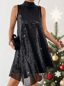 Plus Size Women's Sleeveless Sequin Dress, Suitable For Parties And Events, Fall/Christmas - Black - View 2