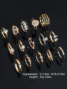 Bộ 15 chiếc nhẫn hình học cổ điển đính đá pha lê vàng sang trọng, thích hợp cho phụ nữ đeo hàng ngày, làm quà tặng cho bạn bè - Vàng - Xem 3