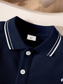 قميص بولو كلاسيكي كاجوال للأولاد مطرز بتصميم فارس، بأكمام طويلة، باللون الأزرق الداكن، مناسب للخروجات اليومية والسفر والتجمعات والأنشطة الخارجية - أزرق غامق - مشاهدة 3