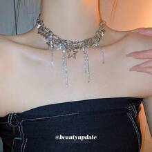 Inlaid Diamond Star Sequin Hollow Tassel Necklace European And American Style Niche Collarbone Chain Light Luxury Versatile Sweet Cool Style Necklace - Dây chuyền - Bạc - Xem 4