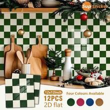 SUPSTICKER 12片11.81英寸X11.81英寸复古棋盘格图案2D墙贴，PVC自粘瓷砖墙贴，防水、防油、易清洁，适用于厨房、浴室、民宿、工作室、公寓墙面装饰和家居装修。