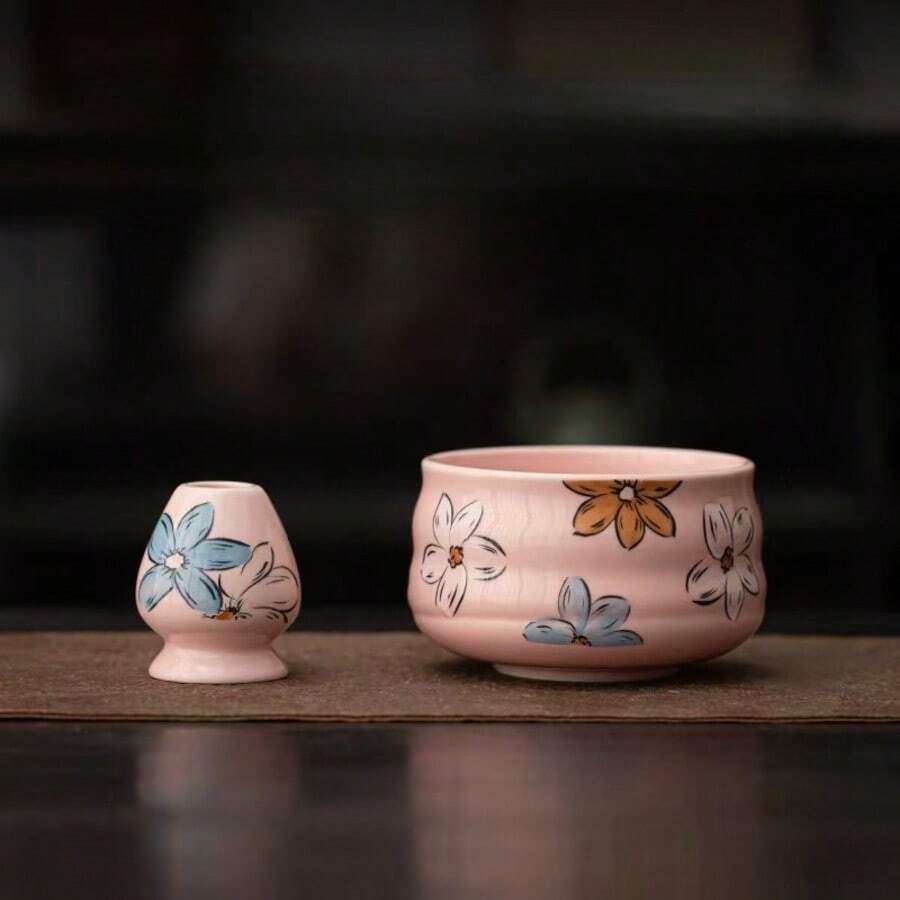 2pcs/Set Cherry Blossom Pink & Matcha Green Ceramic Tea Bowl, Whisk, Holder Set