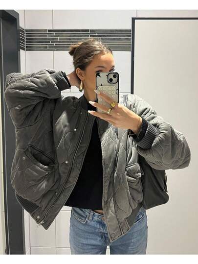 百搭纯色前拉链纽扣女式夹克，秋冬季娇小短款女式灰色飞行员夹克，秋冬季女式绗缝飞行员夹克，长袖圆领，加厚保暖外套，秋冬春季