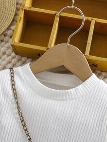 Young Girl Ribbed Long Sleeve Turtleneck Tee, Round Neck All-Match Layering Top, 2025 Autumn New Collection - White - View 3