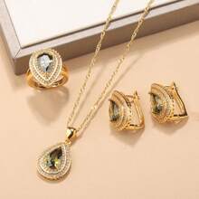 18K Gold Plated Elegant Minimalist Water Drop Jewelry Set, Includes Earrings, Necklace Pendant, Adjustable Ring, Synthetic Cubic Zirconia, Bridal Wedding Fashion Accessories, Suitable For Daily Wear, Christmas, Halloween, Thanksgiving, Valentine's Day, Anniversary