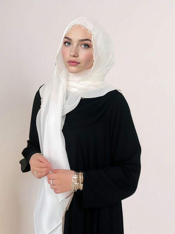 1pc New Chiffon Long Scarf With Pearl Beaded Wavy Trim, Middle Eastern/Arabic Head Wrap