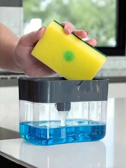 1 Set Dispensador de jabón de cocina con soporte para esponja, dispensador de jabón líquido semiautomático para lavar platos, limpiar el fregadero, suministros de limpieza con bomba de presión, utensilio de cocina práctico con esponja (color/estilo aleatorio)