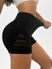 SHEIN Sports Hollow Out Wideband Waist Sports ShortsWomen Sweat Short, Gym Short, Biker Short - Black - View 6