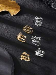 女士定制名字戒指，不锈钢饰品，可定制多个名字的不锈钢开口可调节戒指，情侣名字戒指，可定制2-3个名字，情人节情侣礼物，送给爱人、家人、朋友、父母的定制礼物，情人节、母亲节礼物，夏季饰品，女士沙滩配饰 - 金色 - 查看 3