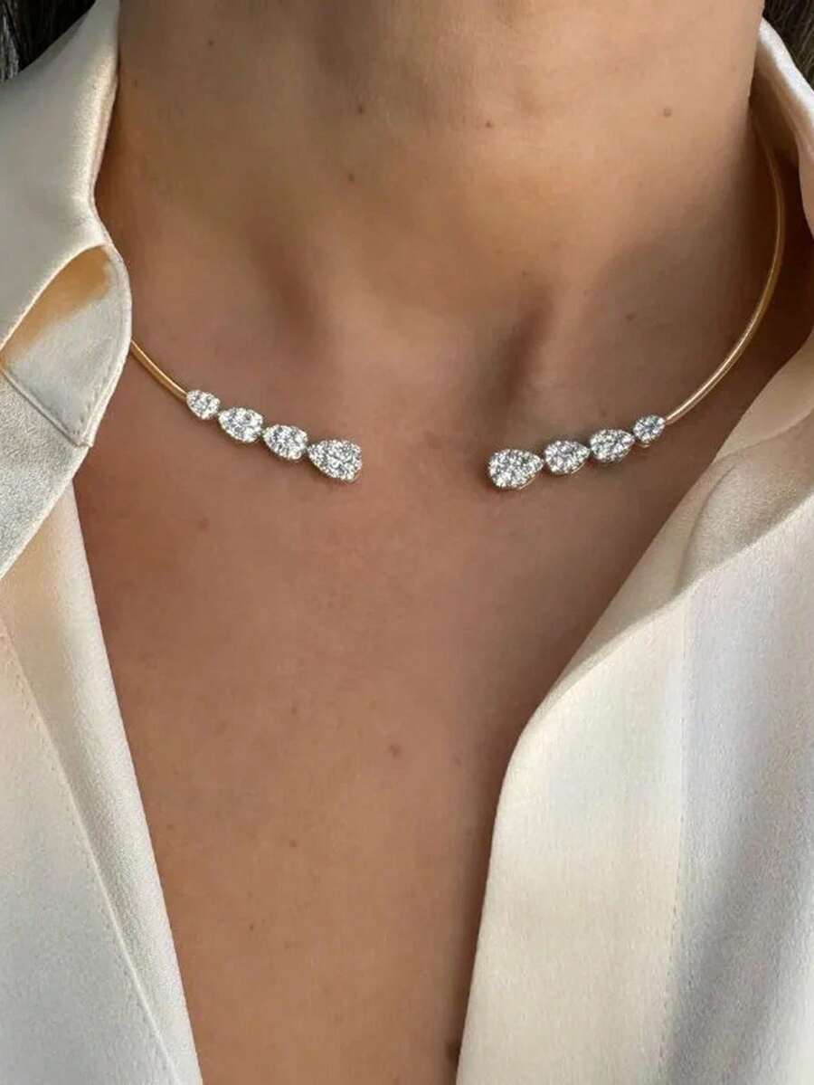 Kalung Berlian Imitasi Berbentuk Tetesan Air dari Stonefans Fashion, Kalung Lilitan Kerah Terbuka Minimalis dengan Cincin Logam untuk Wanita - Emas - View 1