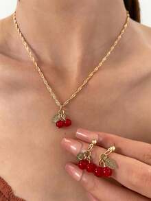 3pcs/Set Delicate Versatile Cherry Necklace & Earrings Set, Fashionable Fresh And Simple Fruit Jewelry Suite For Women, Suitable For Party & Daily Wear - Yellow Gold - View 8
