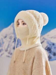 1 Pair Women's Knitted Mask Scarf Set, Autumn/Winter Warm Thermal Lined Earflap Hat Neck Gaiter