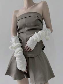 1 Pair Girls Ballet Style Arm Warmers, Autumn/Winter Fingerless Gloves Knitted Arm Sleeves With Criss-Cross Ribbon Tassel Decor, White Fingerless Gloves Arm Sleeves, Black Knitted Gloves, Y2K Streetwear Style - 251# - View 24